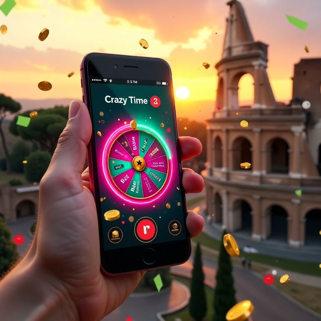 A hand holding a high-end smartphone displaying the official Crazy Time live wheel with vibrant pink and teal interface, background is the Roman Colosseum at sunset with Italian tricolor green-white-red confetti and golden coins exploding from the screen,